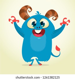 Cartoon blue cute monster waving hands excited. Vector monster character