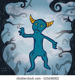 Cartoon of a blue devil monster in a spooky forest