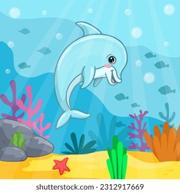 Cartoon blue dolphin on colorful background. Underwater life of the ocean. Colored Illustration. Vector