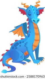 Cartoon blue dragon with vibrant orange horns, colorful wings, and playful stripes resting peacefully with closed eyes on a clean white background, exuding a calm and friendly vibe