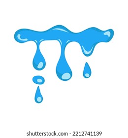 Cartoon blue dripping water drop and liquid icon. Shape water is splashing, flowing and water droplet. Clean and fresh aqua and wet bubble. Flowing dew vector illustration
