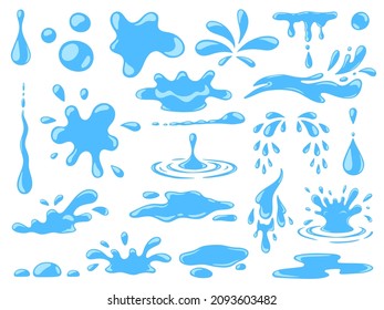 Cartoon blue dripping water drops, splashes, sprays and tears. Liquid flow, wave, stream and puddles. Nature water motion shapes vector set. Illustration of rain water drop, liquid splash