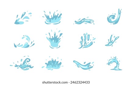 Caricatura azul goteando gotas de agua, salpicaduras, rociados y lágrimas. Flujo de líquidos, oleaje, arroyo y charcos. Juego de Vector de Formas de movimiento de agua de Naturaleza. Ilustración de la gota de agua de lluvia