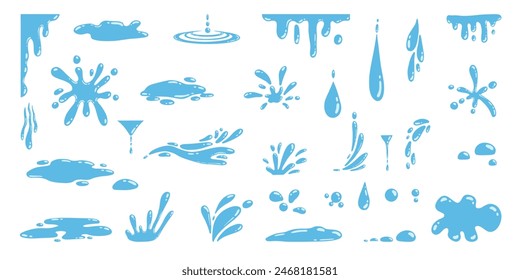 Cartoon blue dripping water drops, splashes, sprays and tears. Liquid flow, wave, stream and puddles. Nature water motion shapes vector set. Illustration of rain water drop, liquid splash on white