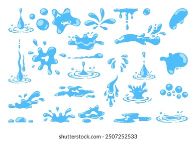 Cartoon blue dripping water drops, splashes, sprays and tears. Liquid flow, wave, stream and puddles. Nature water motion shapes vector set. Illustration of rain water drop, liquid splash