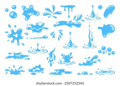 Cartoon blue dripping water drops, splashes, sprays and tears. Liquid flow, wave, stream and puddles. Nature water motion shapes vector set. Illustration of rain water drop, liquid splash