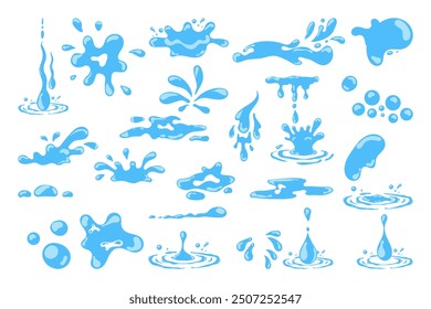 Cartoon blue dripping water drops, splashes, sprays and tears. Liquid flow, wave, stream and puddles. Nature water motion shapes vector set. Illustration of rain water drop, liquid splash