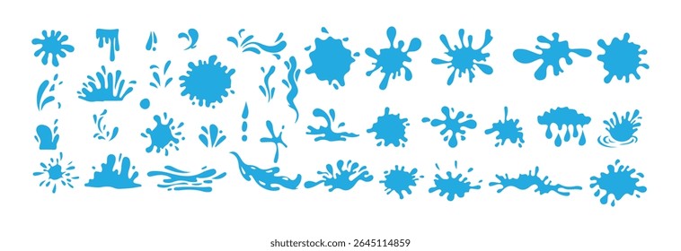 Desenho animado azul gotejando gotas de água, respingos, sprays e lágrimas. Agrupe objetos de fluxos de líquido azul e ondas com gotas caindo, água limpa vazando. Ilustração Victor eps 10