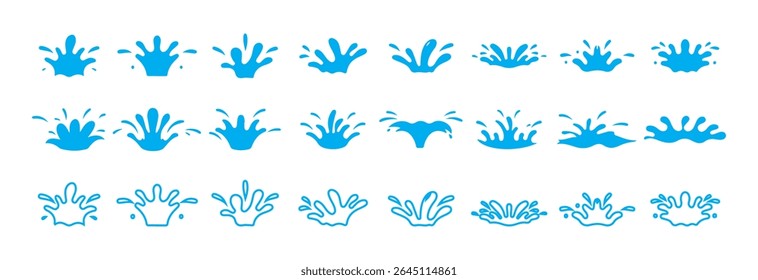 Cartoon blue dripping water drops, splashes, sprays and tears. Bundle objects of blue liquid flows and waves with falling droplets, clean aqua pouring. Victor illustration eps 10