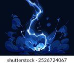 Cartoon blue electric lightning thunder bolt, thunderstorm effect. Vector vibrant energy attack, magic power or shock hitting the ground with powerful intensity. Electrical strike, electricity impact