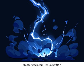 Cartoon blau elektrischen Blitz Donner Blitz, Gewitter-Effekt. Vektor lebendige Energie Angriff, magische Kraft oder Schock auf den Boden mit mächtiger Intensität. Stromschlag, Auswirkungen auf den Strom