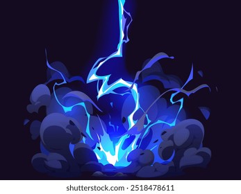 Cartoon blue electric thunder bolt effect, thunderstorm lightning. Vector vibrant striking lightning bolt, capturing the power and intensity of a thunderstorm energy, weather, and electricity impact