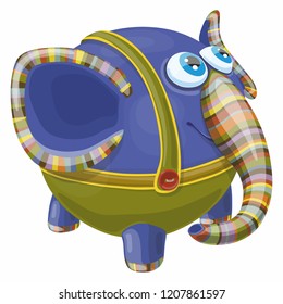 Cartoon Blue Eyed Funny Baby Elephant with striped coloring in shorts with suspender