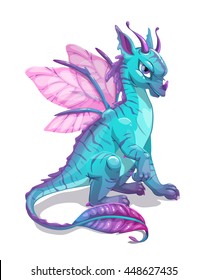 Cartoon blue fantasy dragon, isolated on white. Vector illustration.