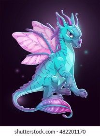 Cartoon blue fantasy dragon on dark background. Vector illustration.