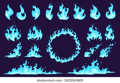 Cartoon blue fire flame. Hot particles of flame. Bonfire, dangerous fire, Hot discounts. Vector illustration