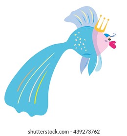 Cartoon blue fish isolated on white background.Cartoon fish with a crown vector illustration. Fish cartoon vector.