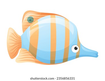 Cartoon blue fish with orange stripes. Vector isolated floating sea creature.