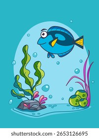 Cartoon Peixe Azul Nadando em Cena Aquática