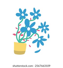 Cartoon of blue flowers in pot, decoration element