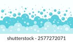 Cartoon blue foam bubble background, bath soap pattern, water soda border, wash frame, laundry suds. Shampoo splash, baby shower, sea underwater, drink fizz bg. Abstract vector illustration