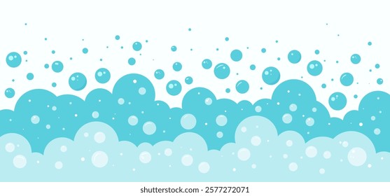 Cartoon blue foam bubble background, bath soap pattern, water soda border, wash frame, laundry suds. Shampoo splash, baby shower, sea underwater, drink fizz bg. Abstract vector illustration