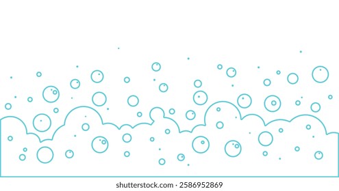 Cartoon blue foam bubble background line art, bath soap pattern outline design, water soda border, wash frame, laundry suds. Shampoo splash, baby shower, drink fizz bg. Abstract vector illustration