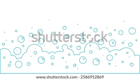 Cartoon blue foam bubble background line art, bath soap pattern outline design, water soda border, wash frame, laundry suds. Shampoo splash, baby shower, drink fizz bg. Abstract vector illustration