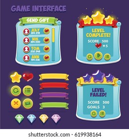 Cartoon blue game user interface, vector assets for mobile games design. Panels, buttons, icons for web or game development. Vector elements for your design.