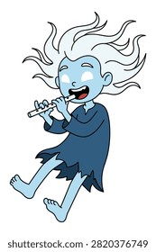 Cartoon blue ghost playing musical instrument funny ethereal spirit character isolated on white.