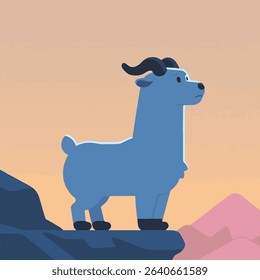 Cartoon Blue Goat on Rocky Peak, Mountain Landscape
