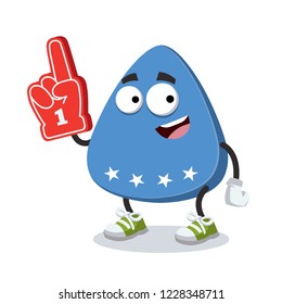 cartoon blue guitar plectrum with stars character mascot with the number 1 one sports fan hand glove on a white background