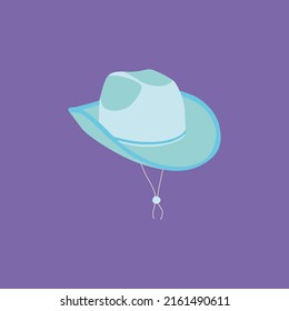 Cartoon сowgirl Blue Hat With With Strings. Party Hat. Wild West Fashion Style. Cowboy Western Theme, Wild West Concept. Horse Ranch. Hand Drawn Colored Flat Vector Illustration. 