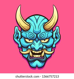 Cartoon blue horned Japanese demon mask clip art. Vector illustration with simple gradients. Some elements on separate layers. 
