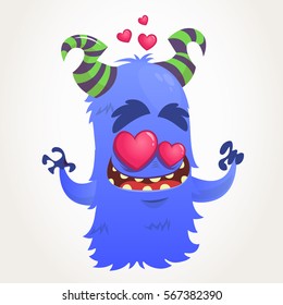 Cartoon blue horned monster in love. Saint Valentine monster. Vector Illustration Of Loving Monster And Hearts. Invitation card for party