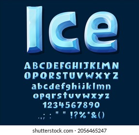 Cartoon Blue Ice Crystal Font Type. Uppercase Alphabet, Digits And Punctuation Signs. Vector Abc Letters, Winter Frozen Digits And Symbols. Isolated Ice Font For Game Design