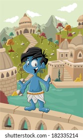 Cartoon blue indian boy in front of a old city. Holi festival.
