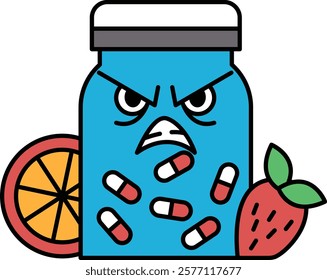 A cartoon of a blue jar with pills and fruit