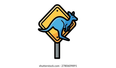 Cartoon blue kangaroo on yellow sign