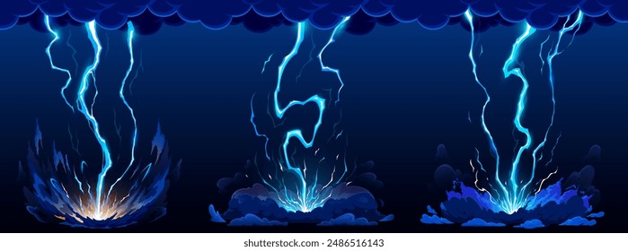 Cartoon blue lightning, thunder strike. Cartoon vector dynamic dark storm flashes emerge from the clouds and hitting the ground, creating explosive impact and smoke. Vibrant energy, thunderstorm power