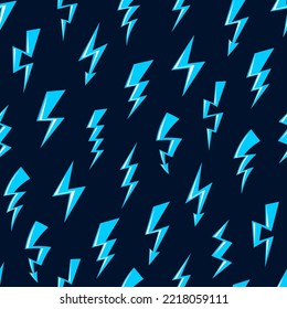 Cartoon blue lightnings, flashes, thunderbolts seamless pattern. Thunder bolts vector background with lightning strikes of storm weather electric energy discharges. Magic power lightnings backdrop