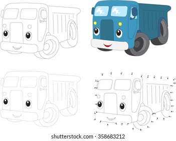 Cartoon blue lorry. Dot to dot educational game for kids. Vector illustration