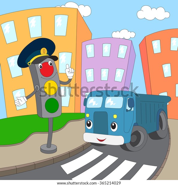 Cartoon blue lorry and traffic lights on a\
pedestrian crossing. Vector\
illustration