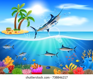Cartoon blue marlin jumping in blue ocean background. vector illustration