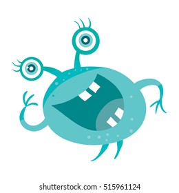 Cartoon blue microorganism. Funny smiling germ. Character with big eyes on head. Monster bacteria with tooth, hands, open mouth. Vector funny illustration in flat design. Friendly virus. Microbe face