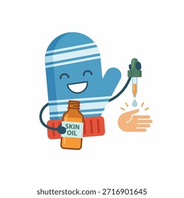 Una manopla azul de dibujos animados con una cara sonriente es aplicar aceite de piel a una mano con un gotero. La manopla contiene una botella etiquetada como "ACEITE PARA LA PIEL".