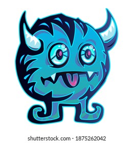 Cartoon blue monster character Childrens Vector illustration isolated on white background. Design for card, print, book, kids story, childish decor.
