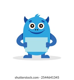 Cartoon blue monster character holding a blank sign isolated flat vector illustration on white background