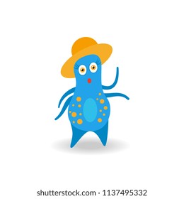 Cartoon blue monster in the hat isolated on white