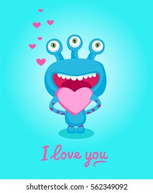 Cartoon Blue Monster In Love. Saint Valentines Vector Illustration Of Loving Monster And Heart. Cards illustrations.